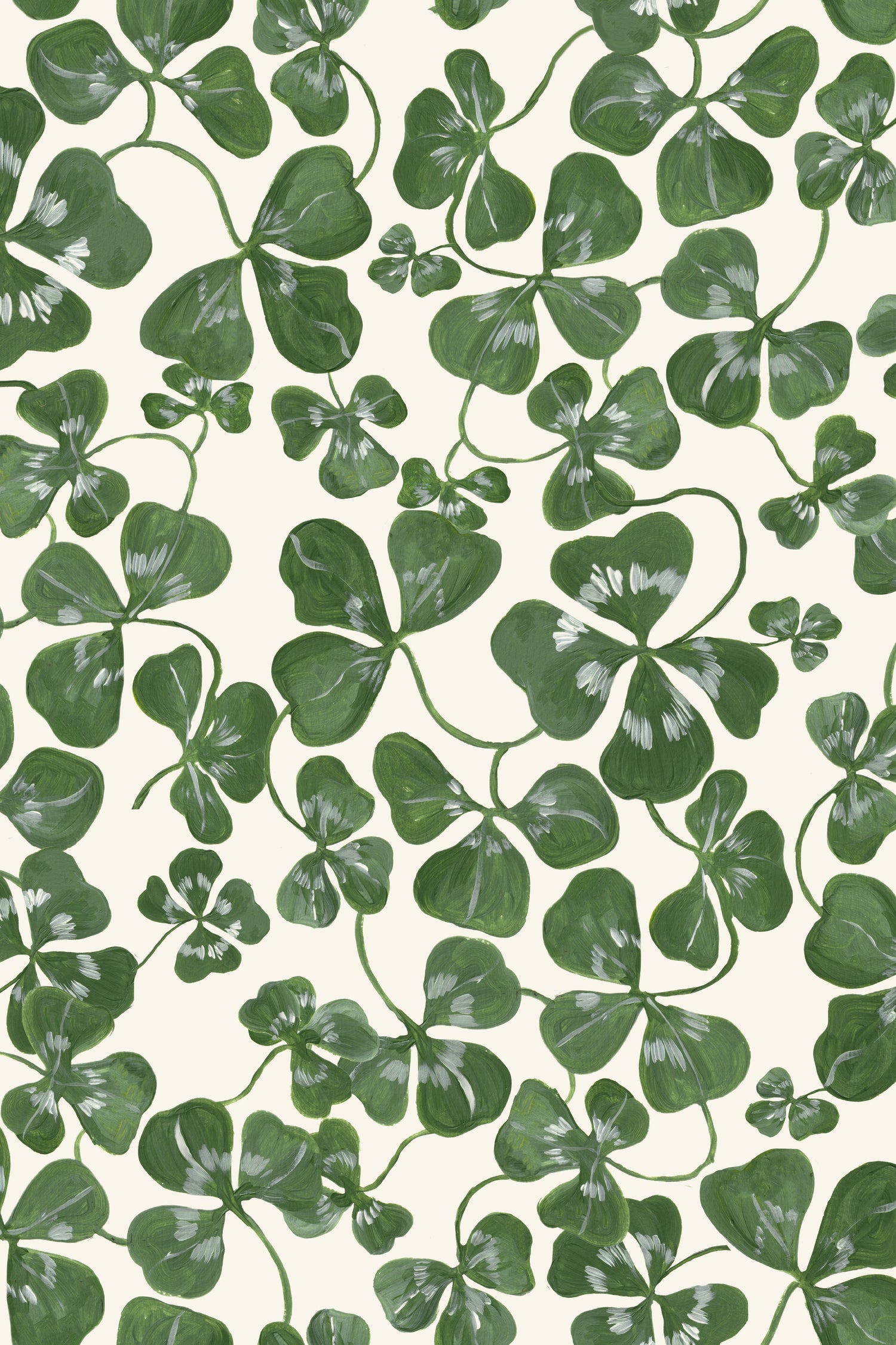 How Lucky We Are Clovers Wallpaper features green clover leaves with white accents on a light beige background, creating a lively, natural hand-painted design.
