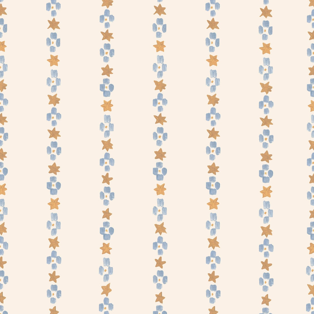 Vertical rows of blue abstract shapes and orange stars on a light beige background create a repeating pattern—ideal as Jacquard Stars Wallpaper, Gold for a stylish accent in any children’s room.