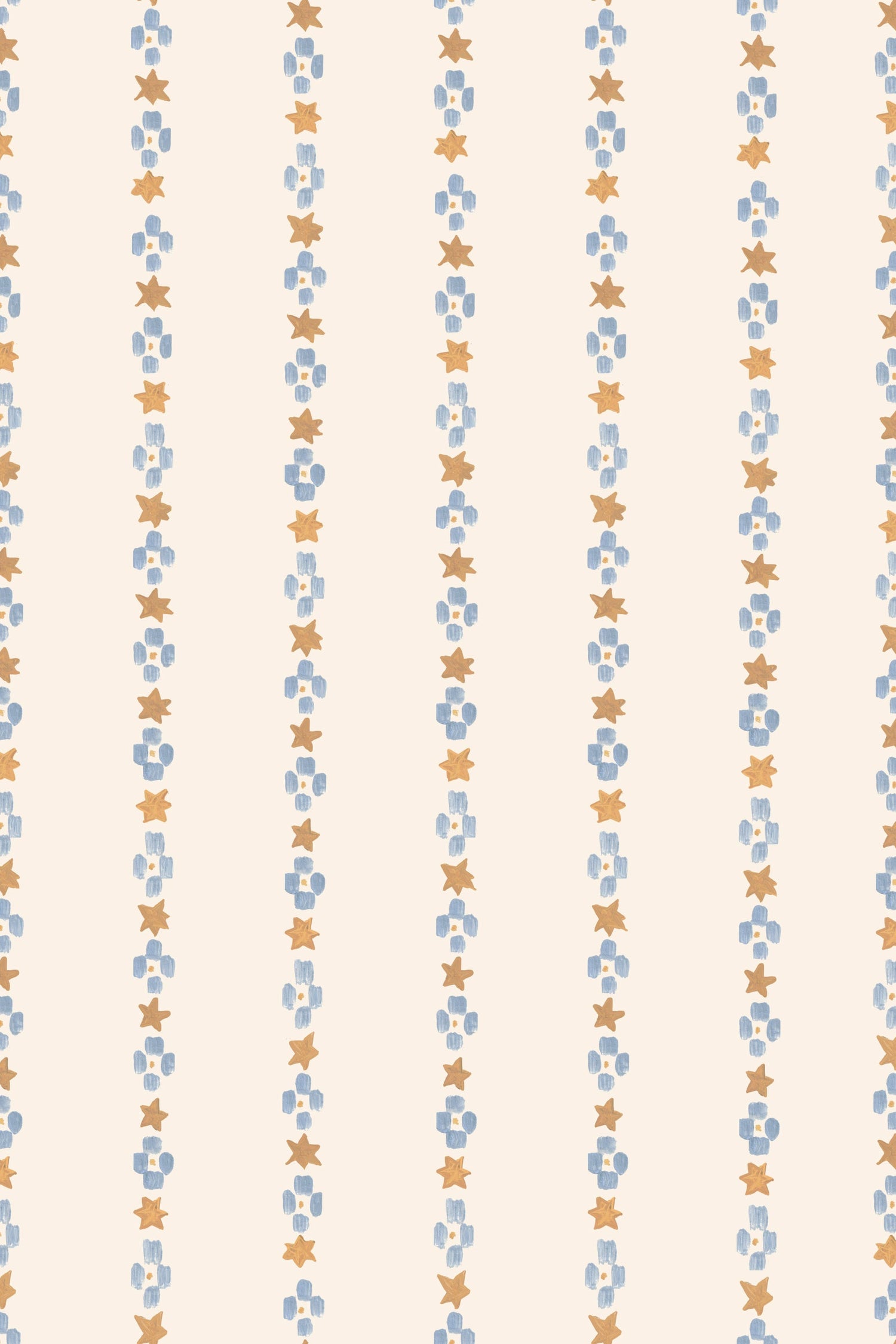 Vertical rows of blue abstract shapes and orange stars on a light beige background create a repeating pattern—ideal as Jacquard Stars Wallpaper, Gold for a stylish accent in any children’s room.