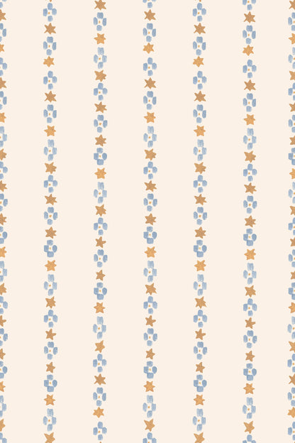 Vertical rows of blue abstract shapes and orange stars on a light beige background create a repeating pattern—ideal as Jacquard Stars Wallpaper, Gold for a stylish accent in any children’s room.