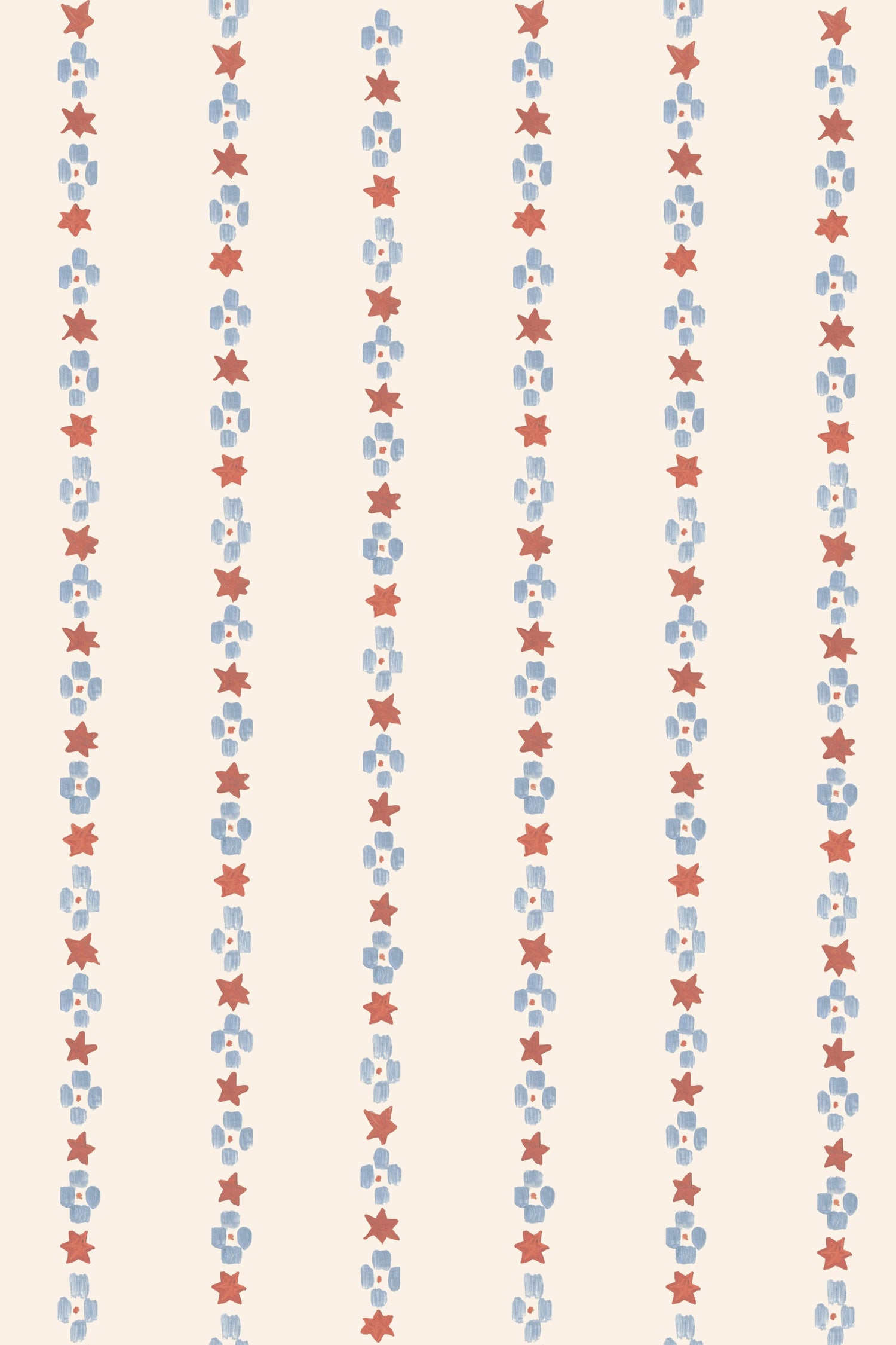 The Jacquard Stars Wallpaper, Red features vertical rows of hand-painted red stars and blue squares on a light beige background, creating an evenly spaced, retro look that&