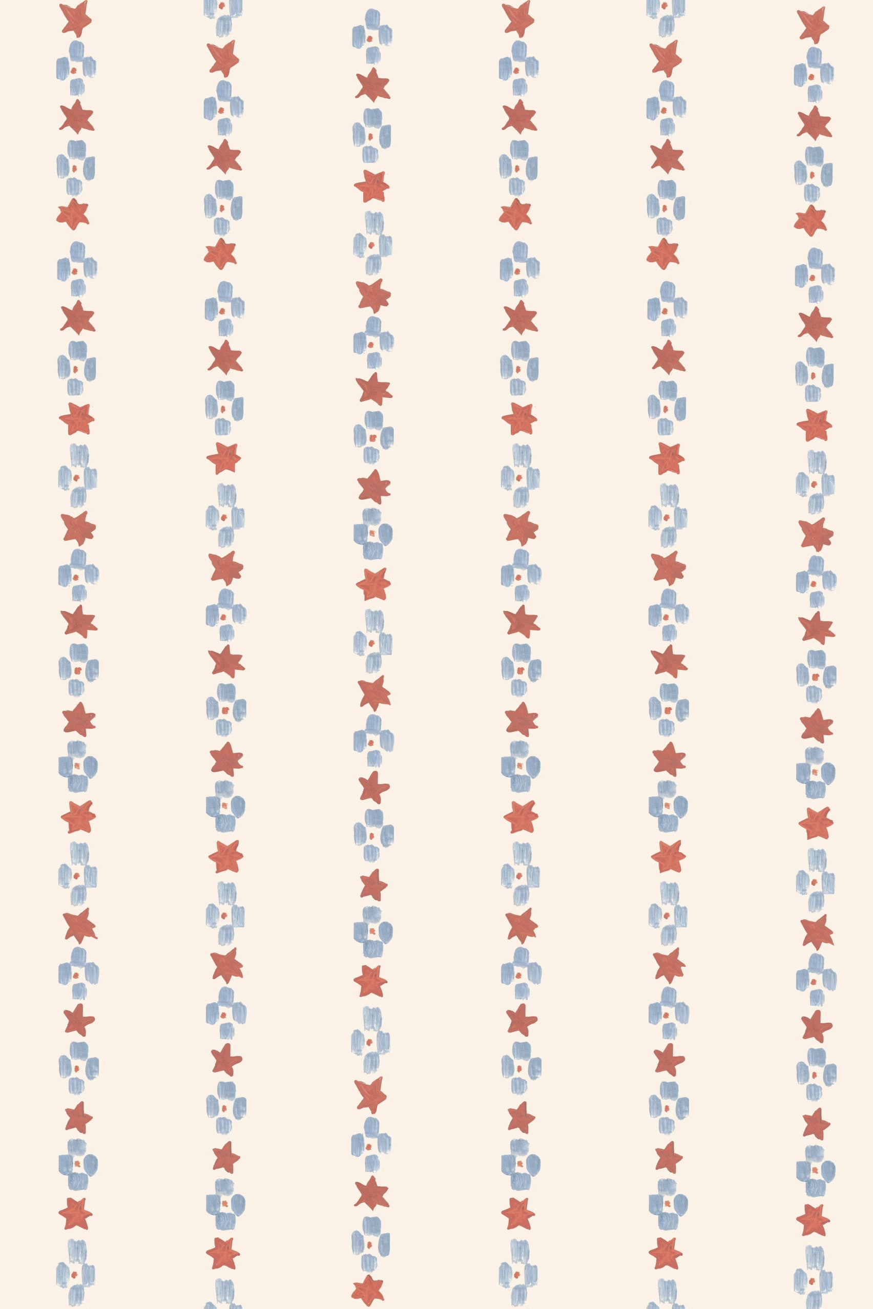 The Jacquard Stars Wallpaper, Red features vertical rows of hand-painted red stars and blue squares on a light beige background, creating an evenly spaced, retro look that&