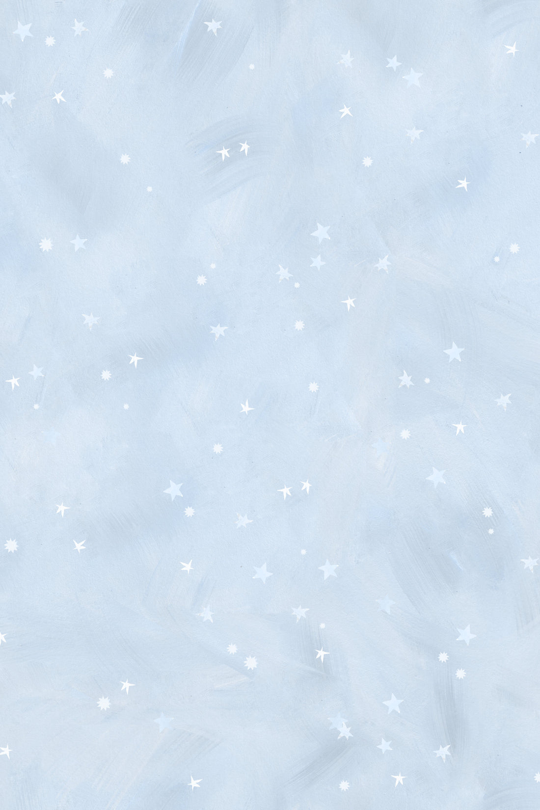 The Painted Cloud Stars Wallpaper, Blue, features a light blue textured background with small white stars and dots for a soft, dreamy night sky look—ideal as celestial nursery decor.