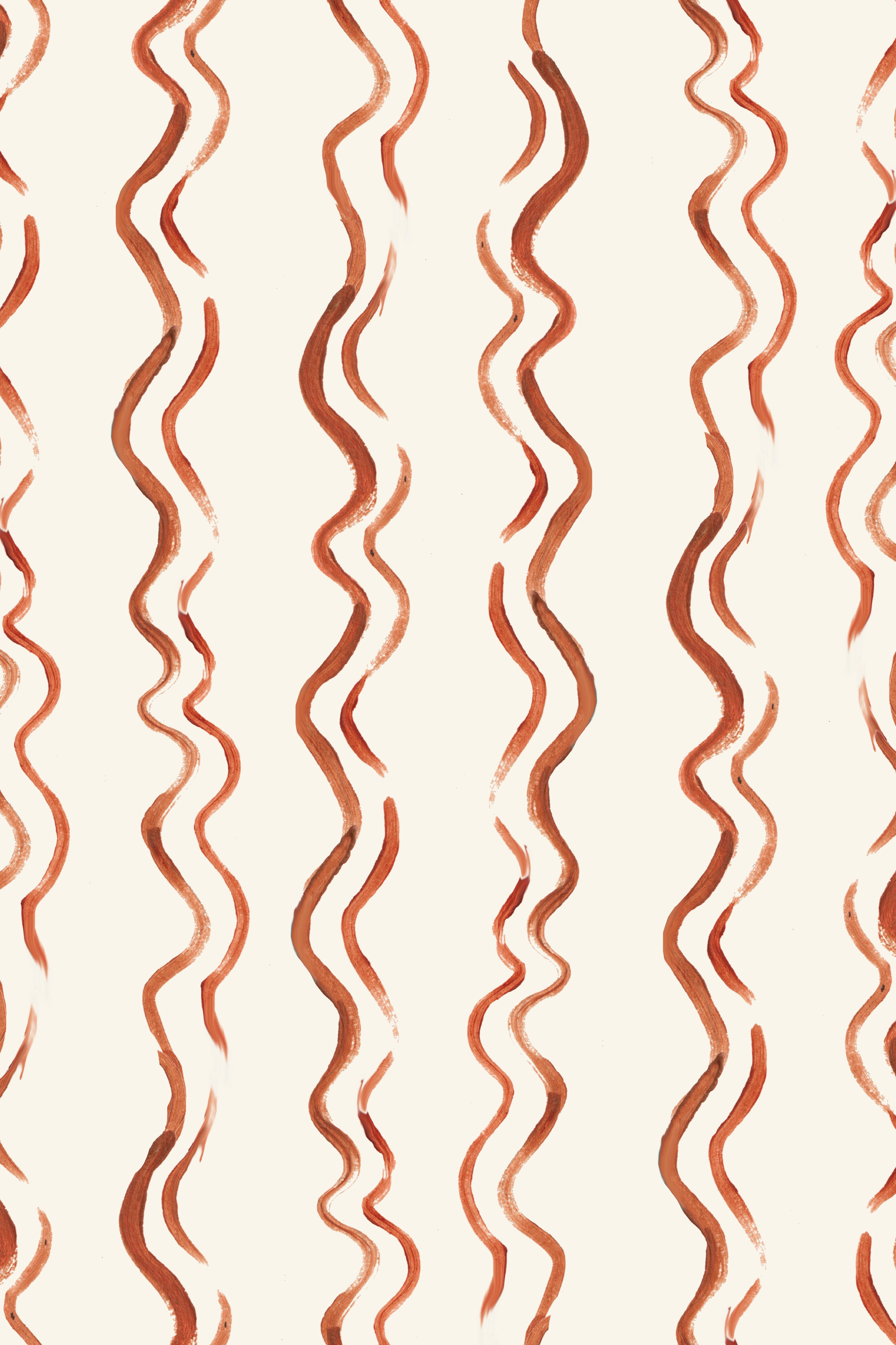 Wiggle Stripe Wallpaper, Red features an abstract pattern with wavy, vertical rust-red lines on a light beige background. Its playful, organic design is ideal for children&