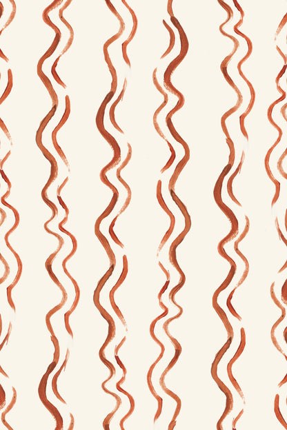 Wiggle Stripe Wallpaper, Red features an abstract pattern with wavy, vertical rust-red lines on a light beige background. Its playful, organic design is ideal for children&