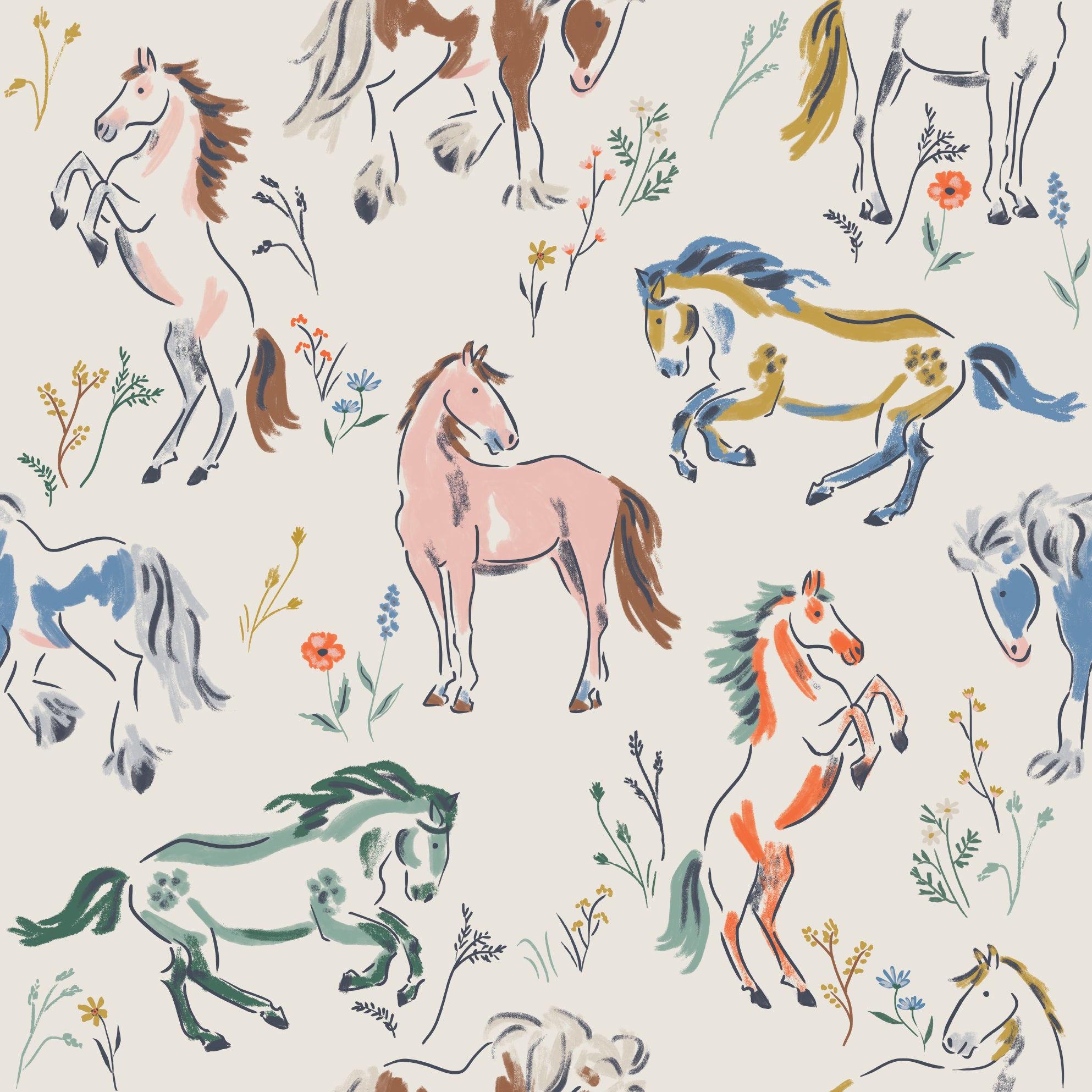 Wild At Heart Wallpaper Sample features a pattern of illustrated horses in various poses and colors, complemented by small flowers and plants scattered between them on a cream background, perfect for showcasing wallpaper quality.