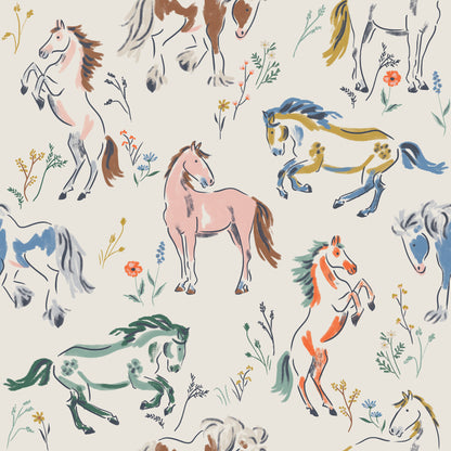 Wild At Heart Wallpaper Sample features a pattern of illustrated horses in various poses and colors, complemented by small flowers and plants scattered between them on a cream background, perfect for showcasing wallpaper quality.