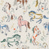 Wild At Heart Wallpaper Sample features a pattern of illustrated horses in various poses and colors, complemented by small flowers and plants scattered between them on a cream background, perfect for showcasing wallpaper quality.