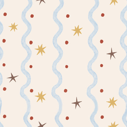 Featuring wavy blue vertical lines, gold and brown star shapes, and red dots on a light beige background, the Starry Wiggle Wallpaper displays evenly spaced elements in a whimsical, repeating pattern—perfect for decorating a children’s room or nursery.