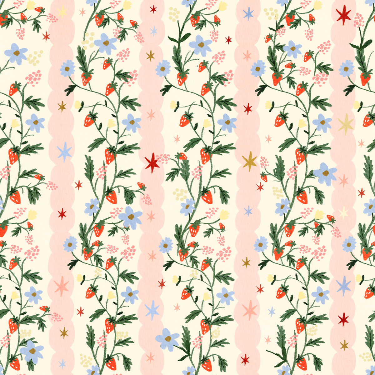 Strawberry Bloom Wallpaper featuring a pattern of vertical wavy pink stripes and trailing vines with strawberries, blue flowers, and scattered colorful stars in a botanical nursery design.