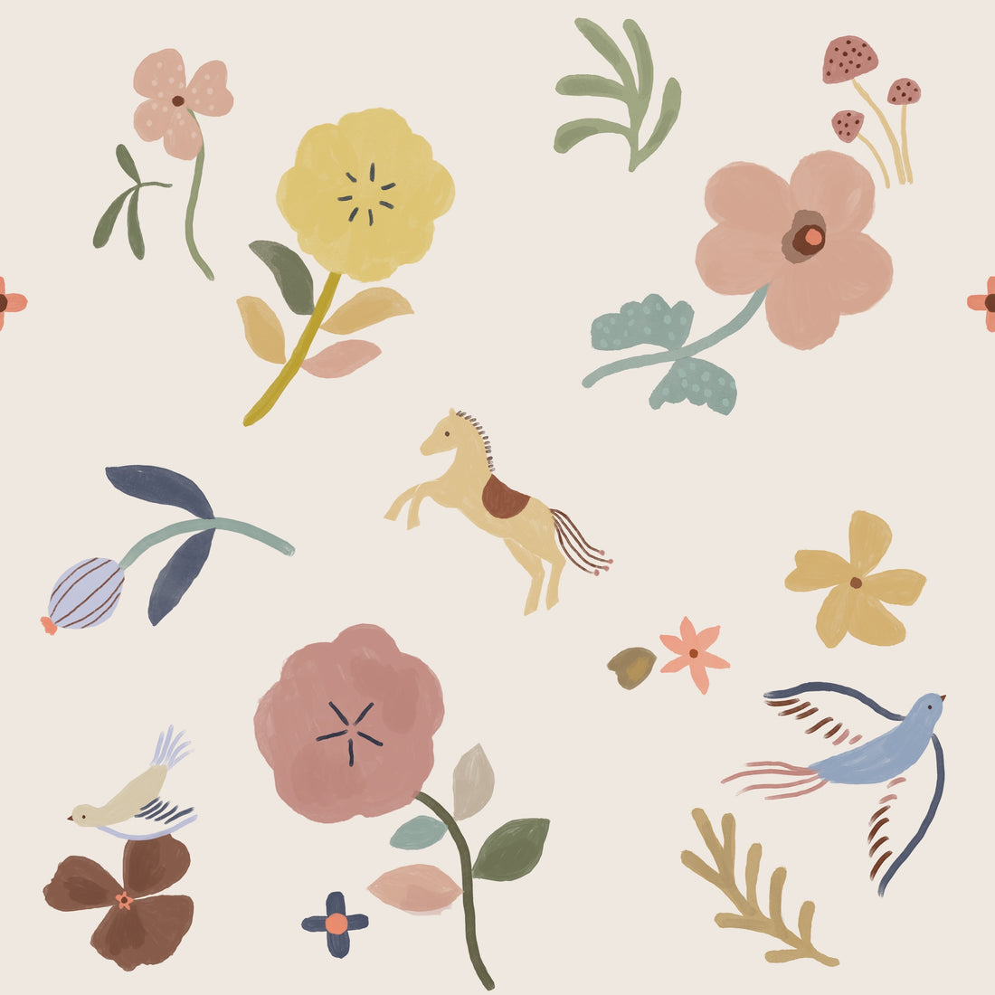 Flora and Fable hand-drawn children’s wallpaper with colourful flowers, birds, a horse, mushrooms and foliage on a warm cream background.