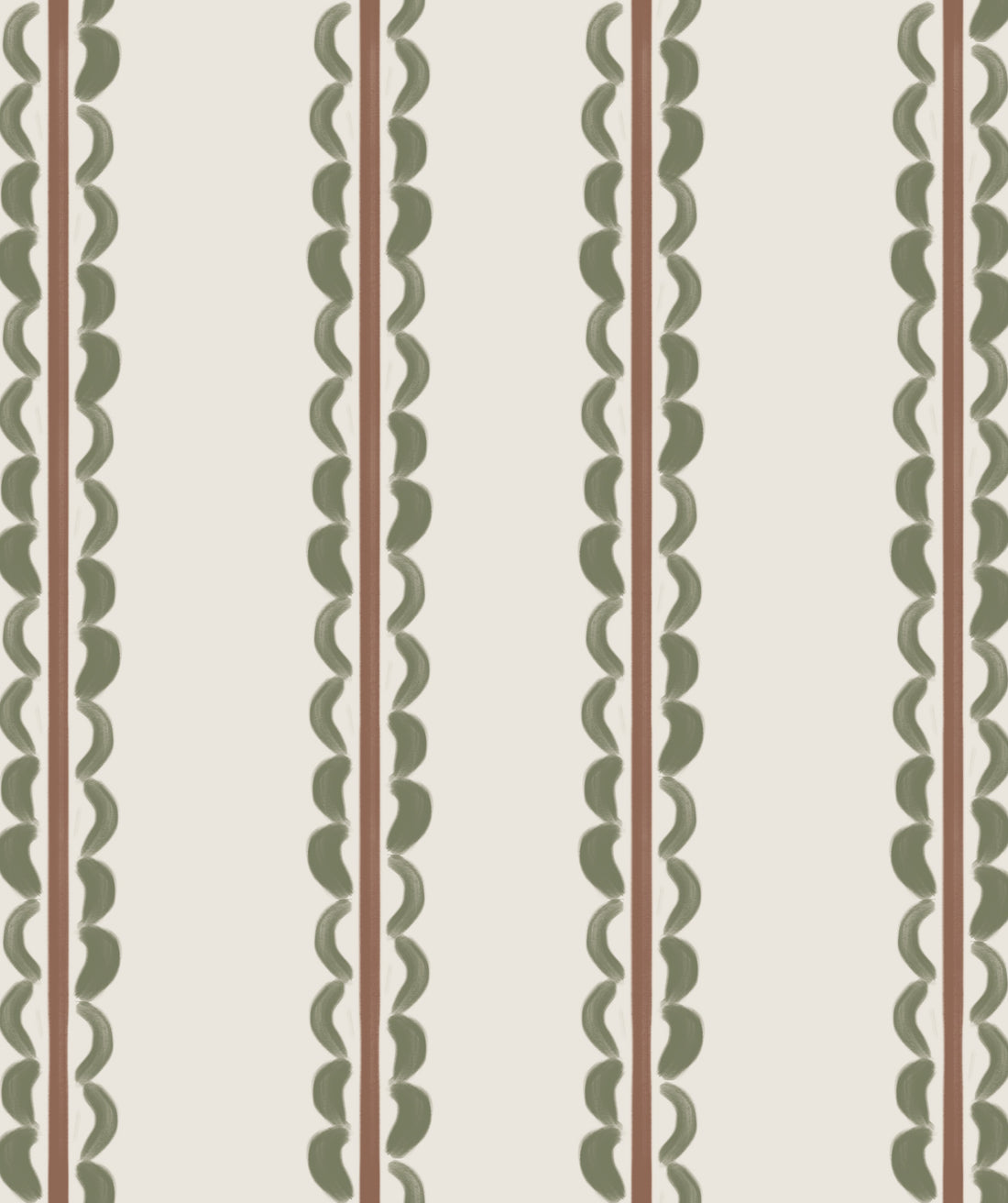 The Folk Scallop Stripe Wallpaper Sample in Olive & Mocha features vertical stripes that alternate between wavy green lines and thin brown lines on a cream background, creating a simple, repeating geometric pattern reminiscent of a stylish wallpaper sample.