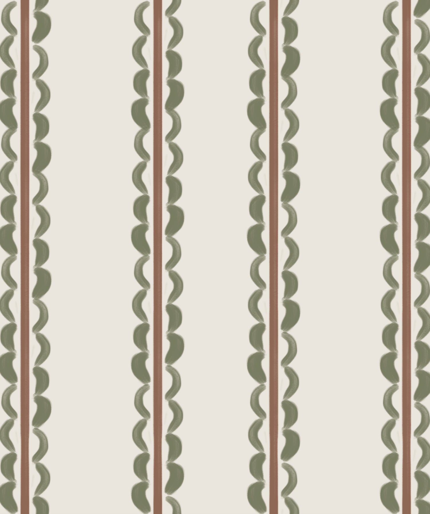 The Folk Scallop Stripe Wallpaper Sample in Olive & Mocha features vertical stripes that alternate between wavy green lines and thin brown lines on a cream background, creating a simple, repeating geometric pattern reminiscent of a stylish wallpaper sample.