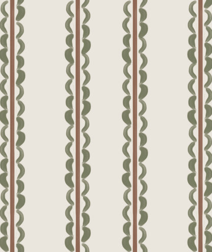 The Folk Scallop Stripe Wallpaper Sample in Olive &amp; Mocha features vertical stripes that alternate between wavy green lines and thin brown lines on a cream background, creating a simple, repeating geometric pattern reminiscent of a stylish wallpaper sample.