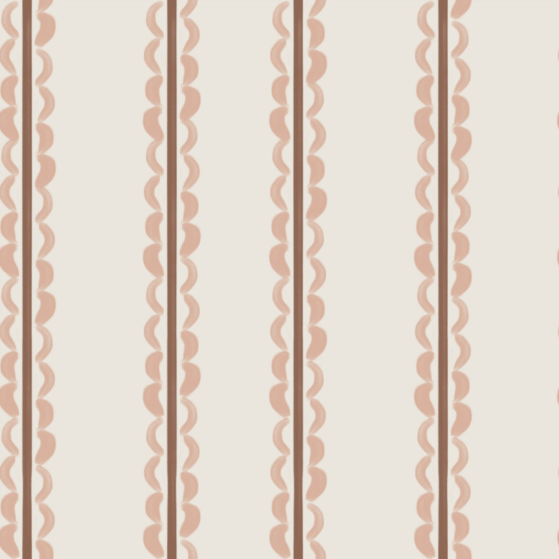 Featuring a beige background with vertical rows of scalloped, wavy, and straight brown lines forming a repeating striped pattern, the Folk Scallop Stripe Wallpaper Sample in Rose &amp; Mocha offers a simple, geometric design that is evenly spaced. This elegant wallpaper sample highlights both its refined colour palette and superior quality.