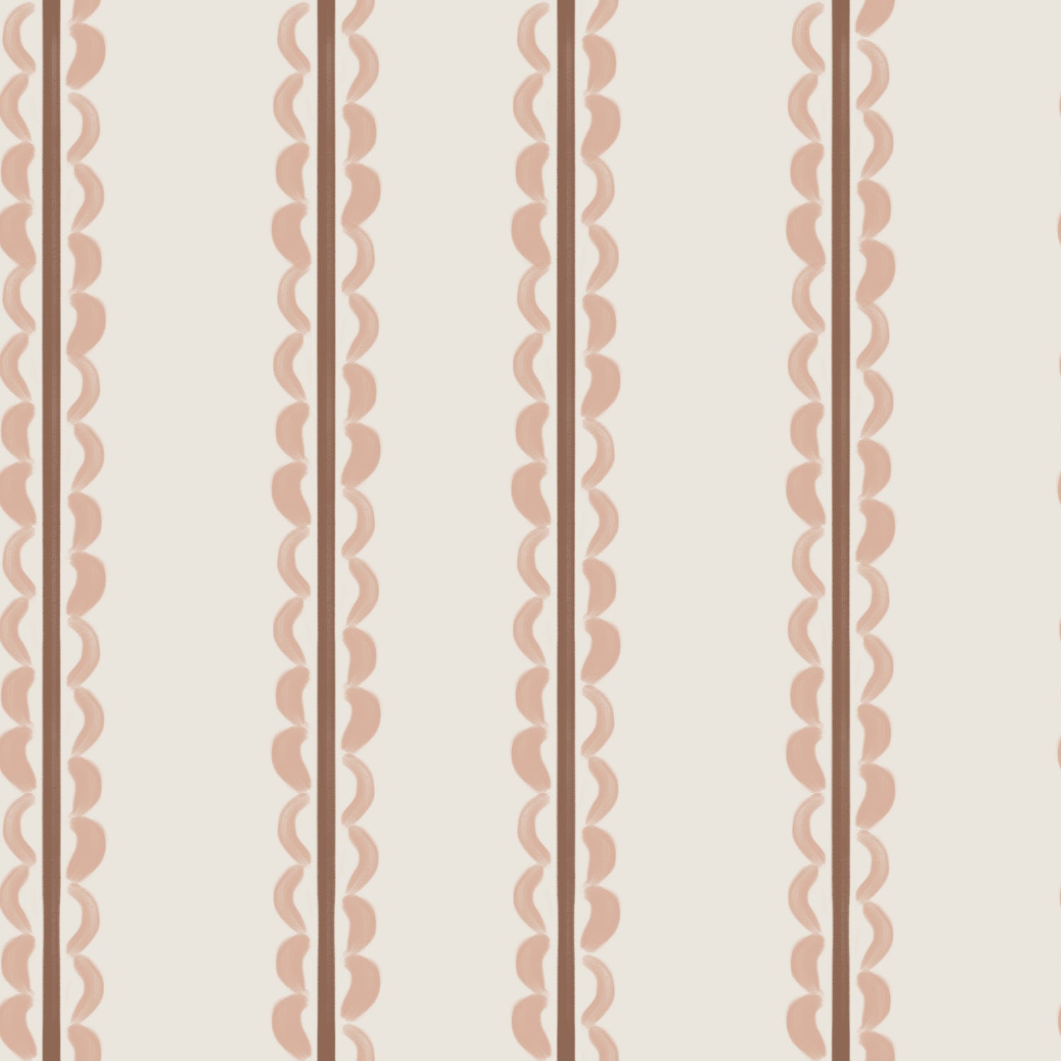 Featuring a beige background with vertical rows of scalloped, wavy, and straight brown lines forming a repeating striped pattern, the Folk Scallop Stripe Wallpaper Sample in Rose &amp; Mocha offers a simple, geometric design that is evenly spaced. This elegant wallpaper sample highlights both its refined colour palette and superior quality.