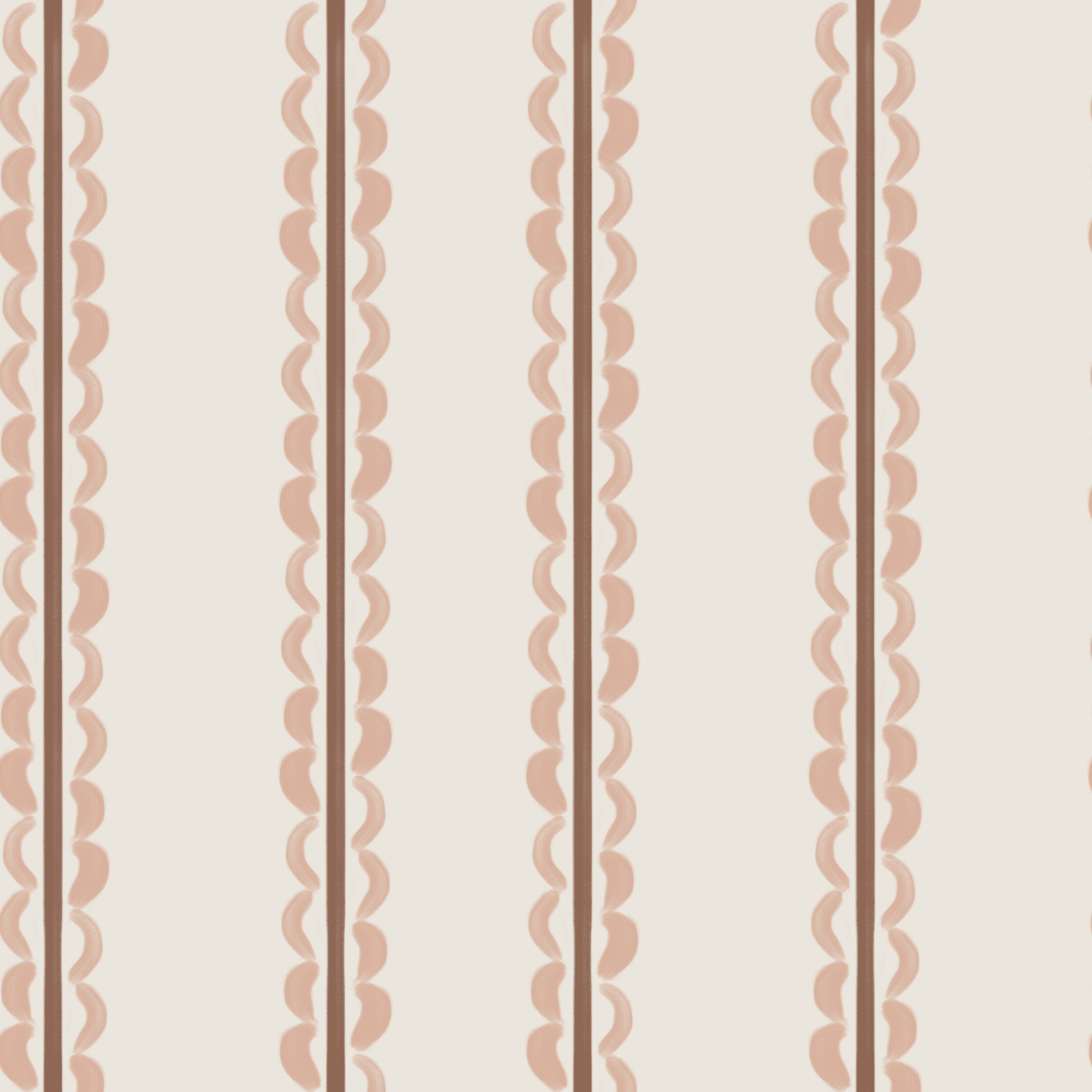 Featuring a beige background with vertical rows of scalloped, wavy, and straight brown lines forming a repeating striped pattern, the Folk Scallop Stripe Wallpaper Sample in Rose &amp; Mocha offers a simple, geometric design that is evenly spaced. This elegant wallpaper sample highlights both its refined colour palette and superior quality.