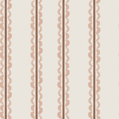 Featuring a beige background with vertical rows of scalloped, wavy, and straight brown lines forming a repeating striped pattern, the Folk Scallop Stripe Wallpaper Sample in Rose &amp; Mocha offers a simple, geometric design that is evenly spaced. This elegant wallpaper sample highlights both its refined colour palette and superior quality.