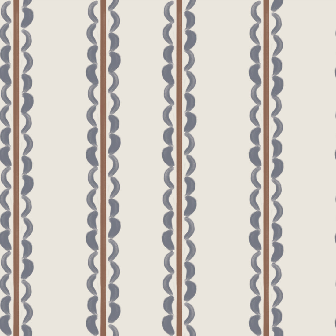 Featuring a pattern of vertical stripes with scalloped dark gray edges and thin brown lines on a light beige background, the Folk Scallop Stripe Wallpaper in Chambray & Mocha offers an evenly repeating design that makes it a charming choice for any nursery wallpaper design.