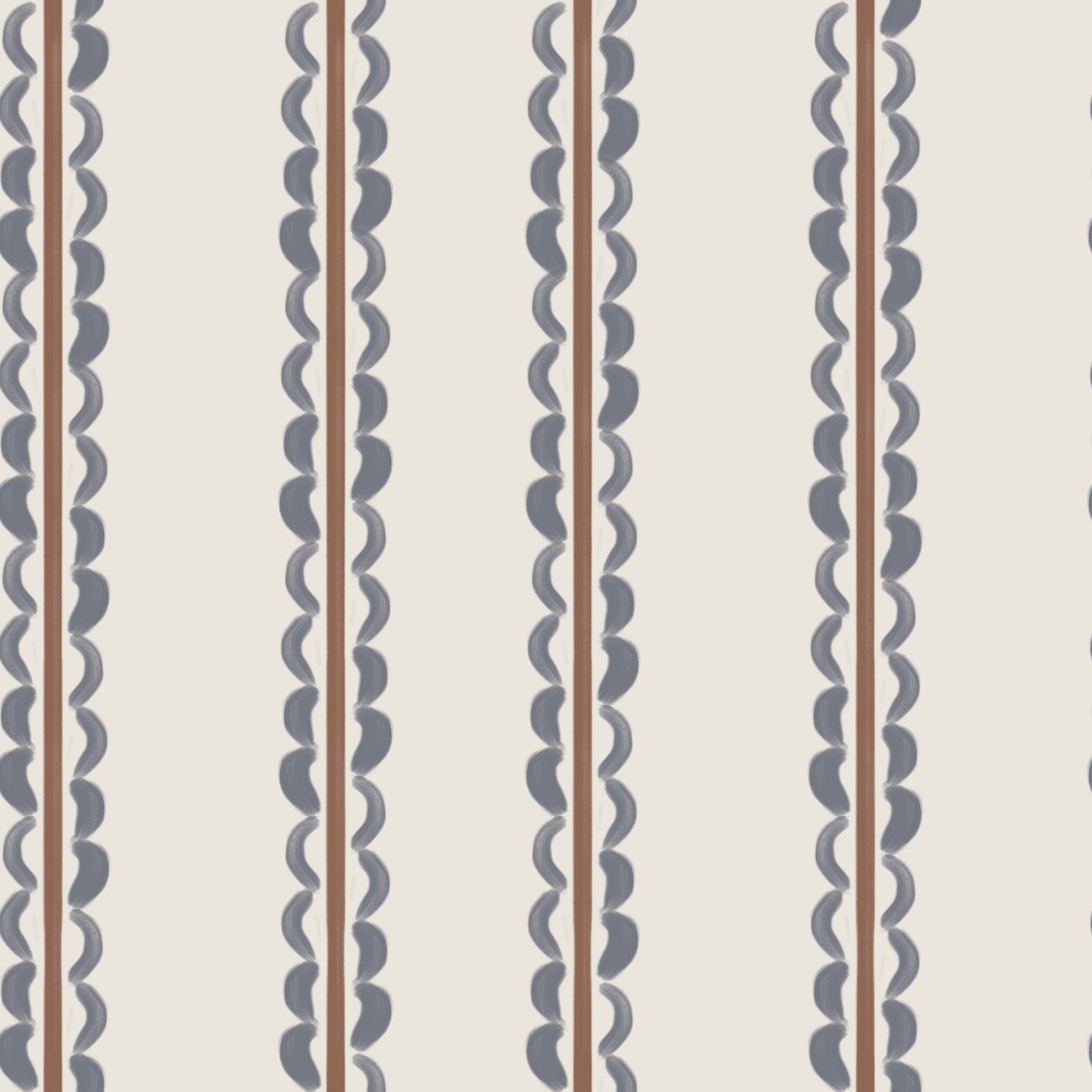 Featuring a pattern of vertical stripes with scalloped dark gray edges and thin brown lines on a light beige background, the Folk Scallop Stripe Wallpaper in Chambray &amp; Mocha offers an evenly repeating design that makes it a charming choice for any nursery wallpaper design.