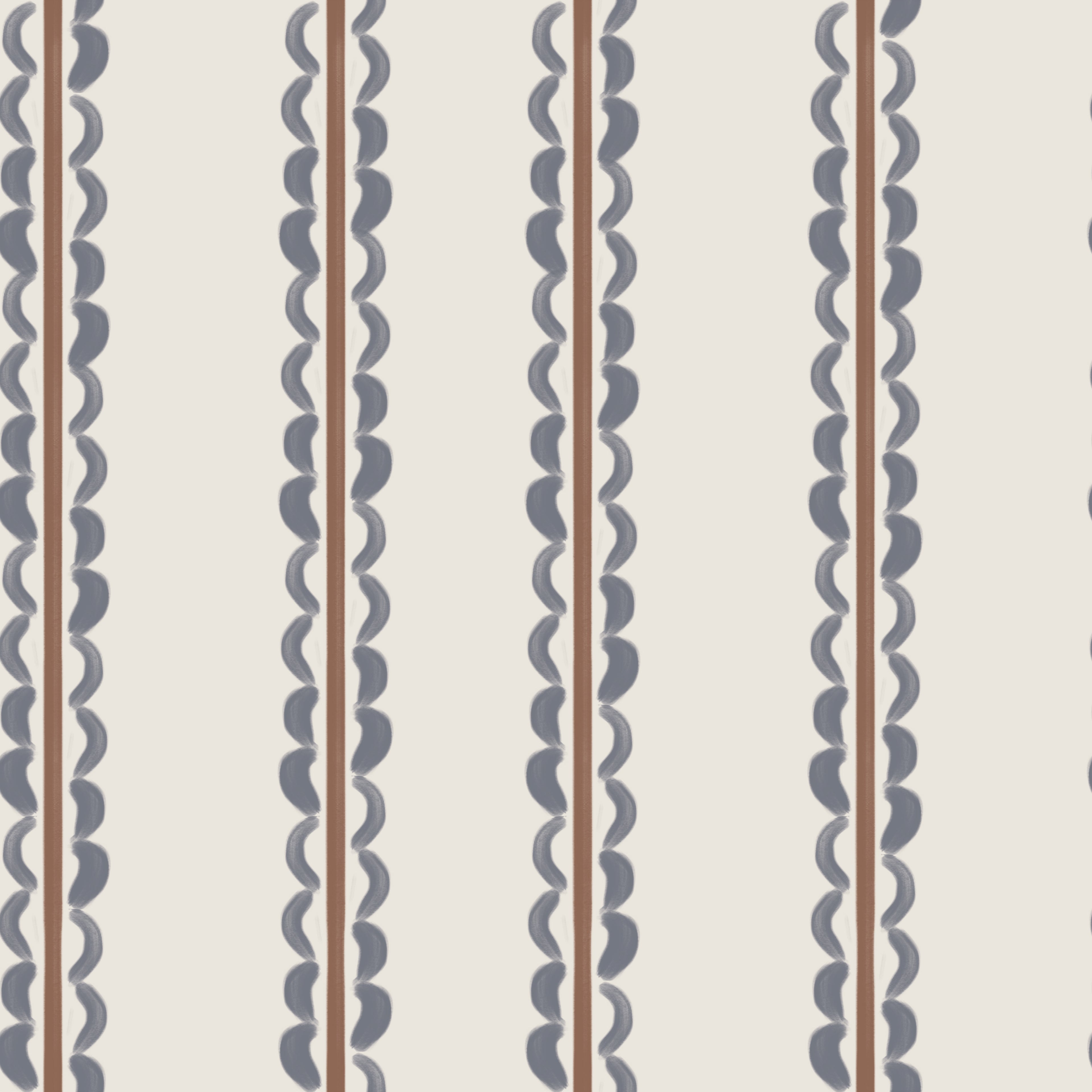 Featuring a pattern of vertical stripes with scalloped dark gray edges and thin brown lines on a light beige background, the Folk Scallop Stripe Wallpaper in Chambray &amp; Mocha offers an evenly repeating design that makes it a charming choice for any nursery wallpaper design.