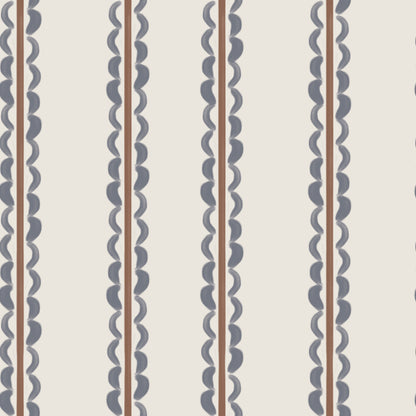 Featuring a pattern of vertical stripes with scalloped dark gray edges and thin brown lines on a light beige background, the Folk Scallop Stripe Wallpaper in Chambray &amp; Mocha offers an evenly repeating design that makes it a charming choice for any nursery wallpaper design.