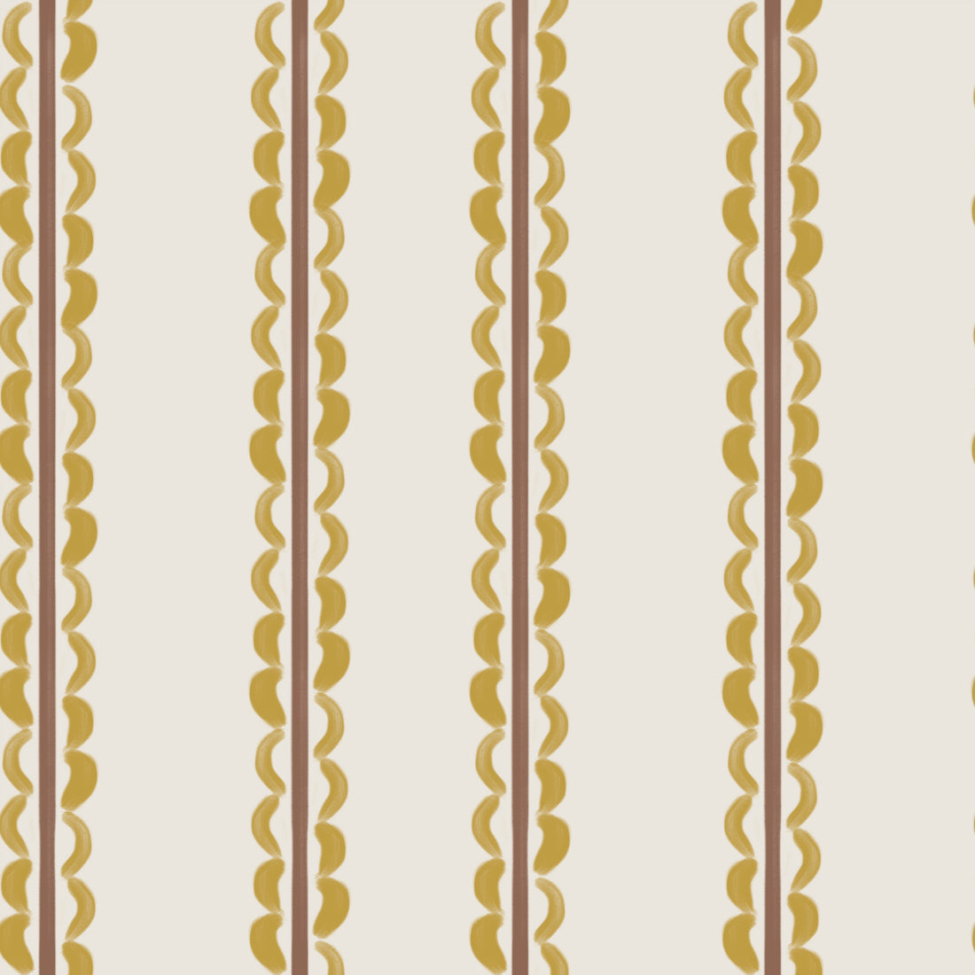The Folk Scallop Stripe Wallpaper Sample, Ochre & Mocha features vertical yellow and brown stripes with scalloped detailing along one edge, evenly repeating on a cream background. This understated design showcases the wallpaper’s premium quality, making it a timeless choice for any setting.