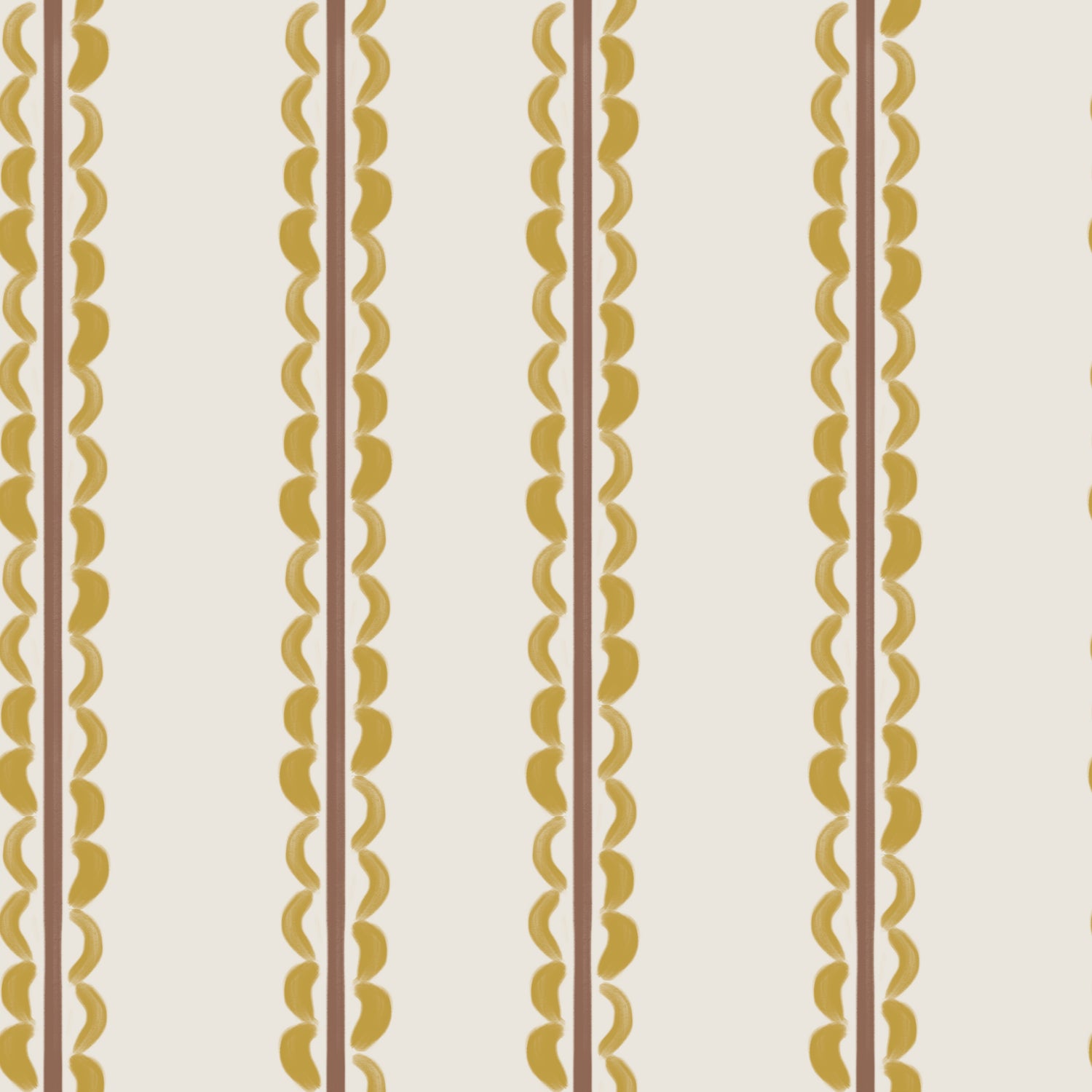 The Folk Scallop Stripe Wallpaper Sample, Ochre &amp; Mocha features vertical yellow and brown stripes with scalloped detailing along one edge, evenly repeating on a cream background. This understated design showcases the wallpaper’s premium quality, making it a timeless choice for any setting.