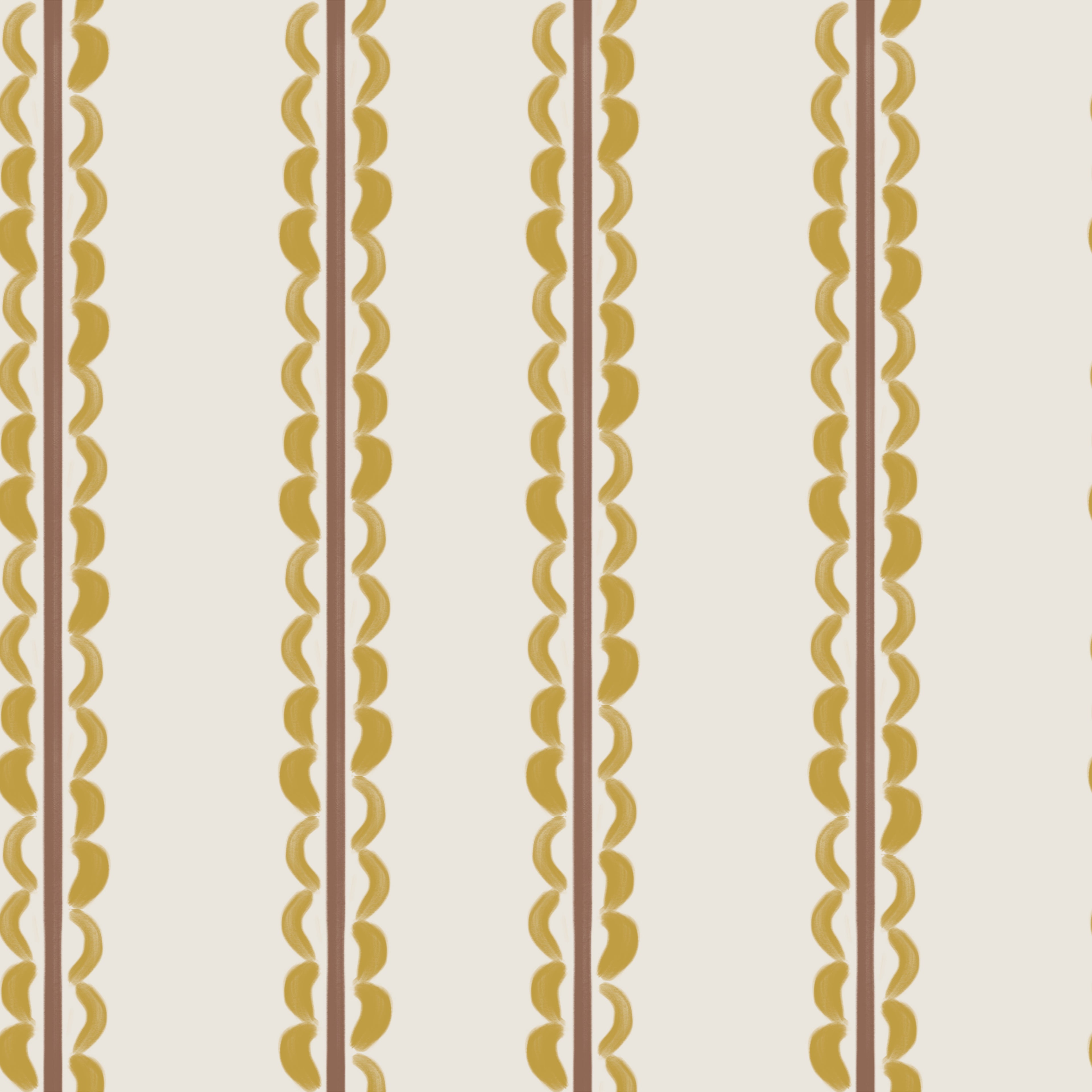 The Folk Scallop Stripe Wallpaper Sample, Ochre &amp; Mocha features vertical yellow and brown stripes with scalloped detailing along one edge, evenly repeating on a cream background. This understated design showcases the wallpaper’s premium quality, making it a timeless choice for any setting.