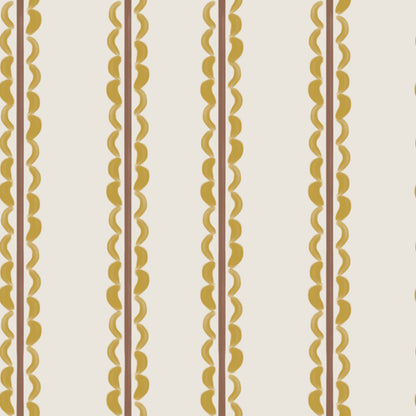 The Folk Scallop Stripe Wallpaper Sample, Ochre &amp; Mocha features vertical yellow and brown stripes with scalloped detailing along one edge, evenly repeating on a cream background. This understated design showcases the wallpaper’s premium quality, making it a timeless choice for any setting.