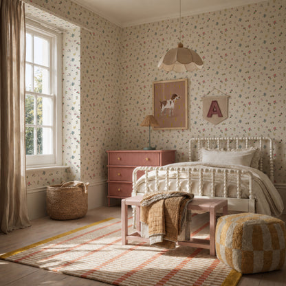 A cozy, sunlit bedroom features vibrant Powdered Petals Wallpaper, a white metal bed, pink dresser, woven basket, pouf, soft striped rug, framed dog art, and a letter A wall hanging for a warm and inviting feel.