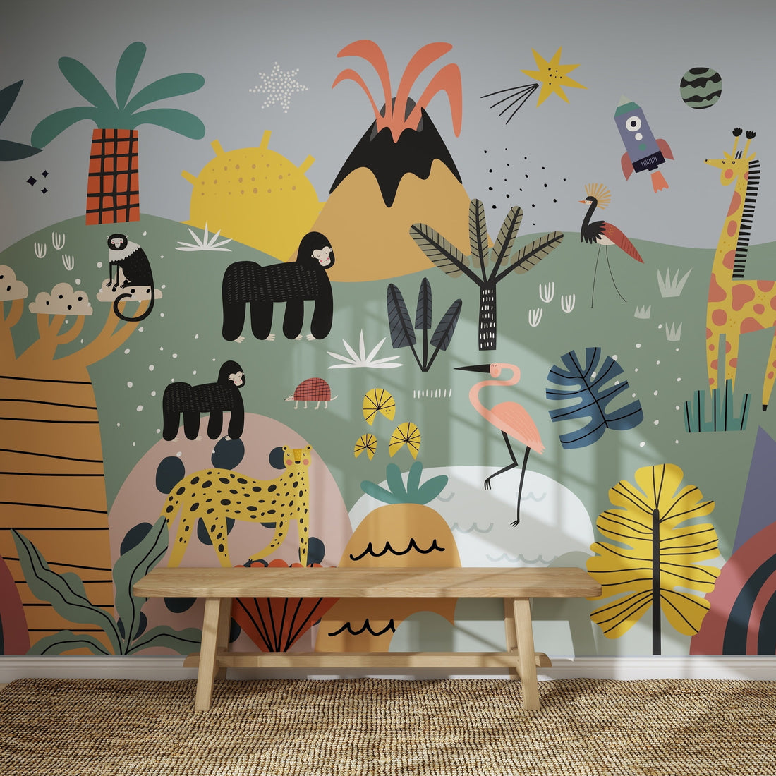 The Wonderfriends Wallpaper Mural features playful drawings of animals like gorillas, giraffes, flamingos, turtles, and monkeys among abstract trees, a volcano, and plants—an imaginative wallpaper perfect for kids spaces.