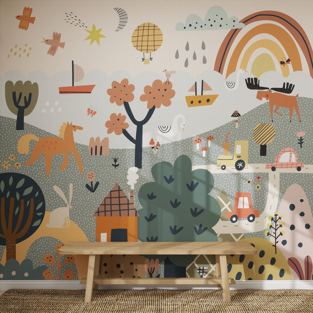 A wooden bench sits before the vibrant Wonderpark Wallpaper Mural, adorned with whimsical trees, animals, rainbows, boats, cars, a horse, and geometric shapes—playful wall decor for any space.