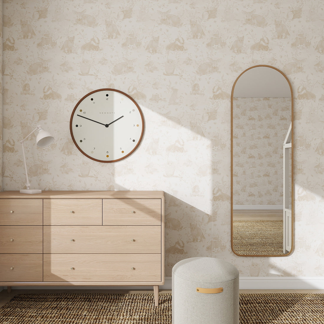 A minimalist room with light wood furniture, modern accents, and beige Woodland Wonder Repeat Pattern Neutral wallpaper that enhances the color quality as natural light fills the space.