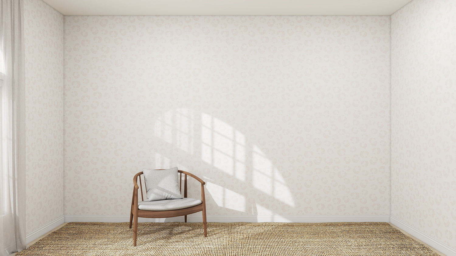 A wooden chair with a cushion sits on a woven rug in a bright, empty room featuring Hallie Leopard Print Wallpaper Repeat Pattern in light pink. Sunlight streams through the window, casting shadows on the wall.
