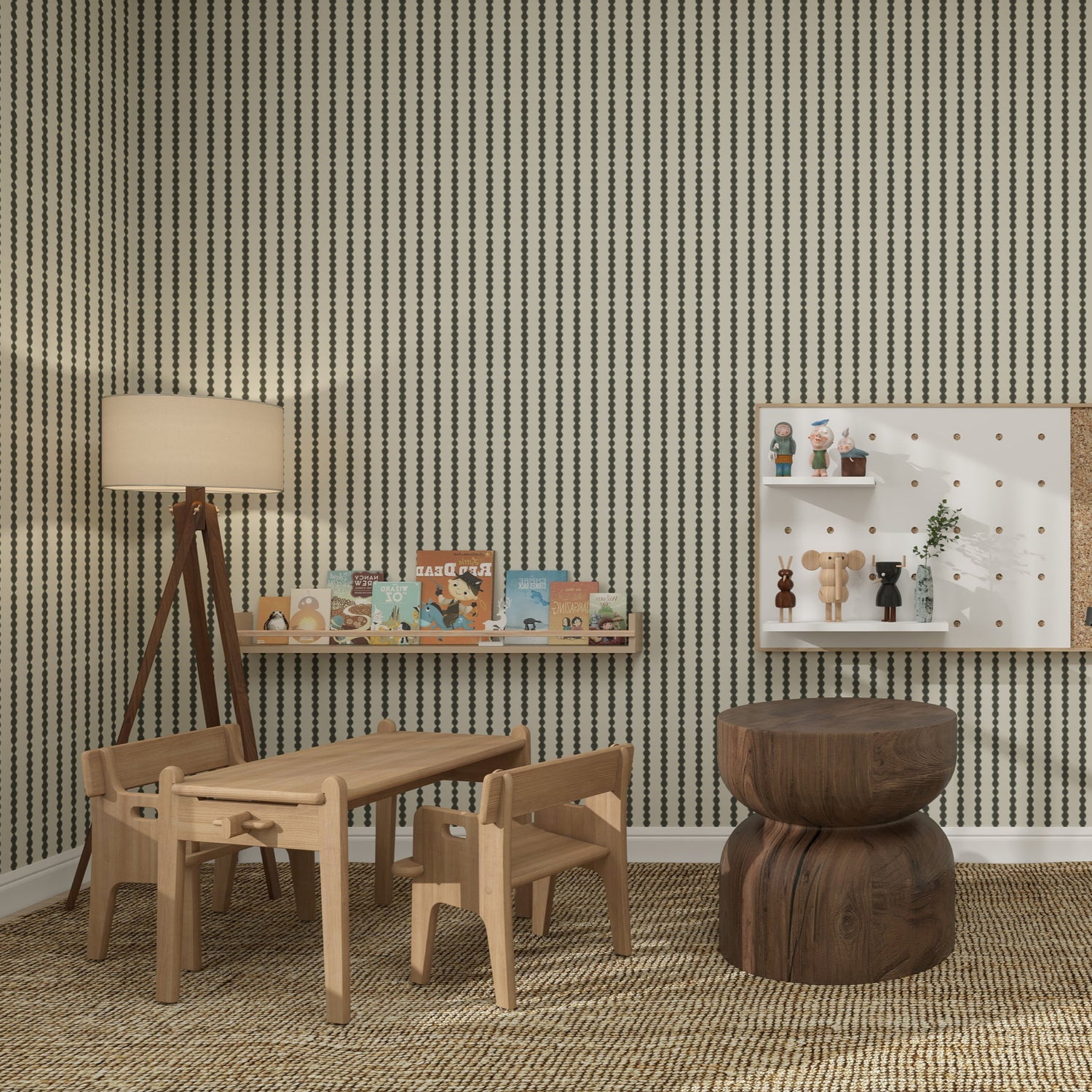 A cozy children’s playroom with light wooden furniture, small table and chairs, tripod lamp, books on a wall shelf, and a calming atmosphere enhanced by nursery decor and Little Abacus Stripe Forest bold vertical stripe walls.