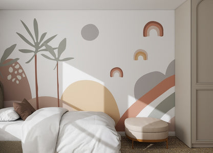 Minimalist bedroom with modern decor, featuring a white bed, beige ottoman, and the Abstract Wren Wallpaper Mural with rainbows, plants, and geometric shapes in muted earth tones. Natural light enters from the left.