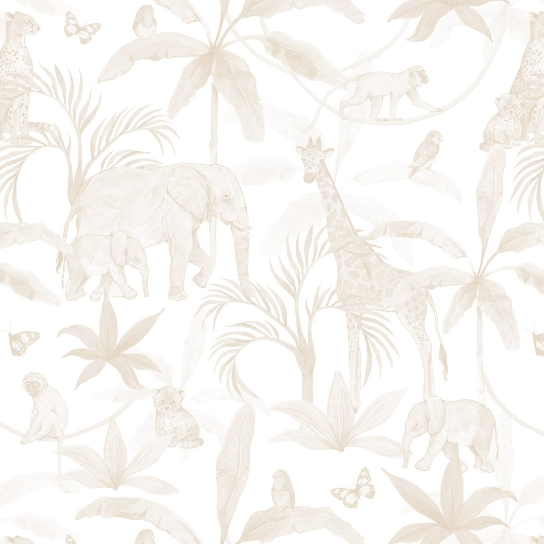 The &quot;African Safari Wallpaper Repeat Pattern Neutral | Sample&quot; features beige and white illustrations of elephants, giraffes, monkeys, cheetahs, and birds amid tropical plants and butterflies on a seamless wallpaper pattern.