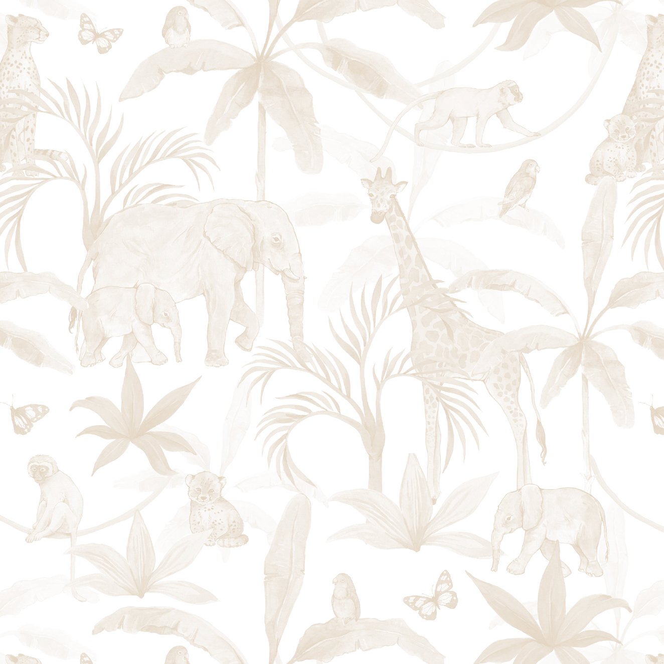 The &quot;African Safari Wallpaper Repeat Pattern Neutral | Sample&quot; features beige and white illustrations of elephants, giraffes, monkeys, cheetahs, and birds amid tropical plants and butterflies on a seamless wallpaper pattern.