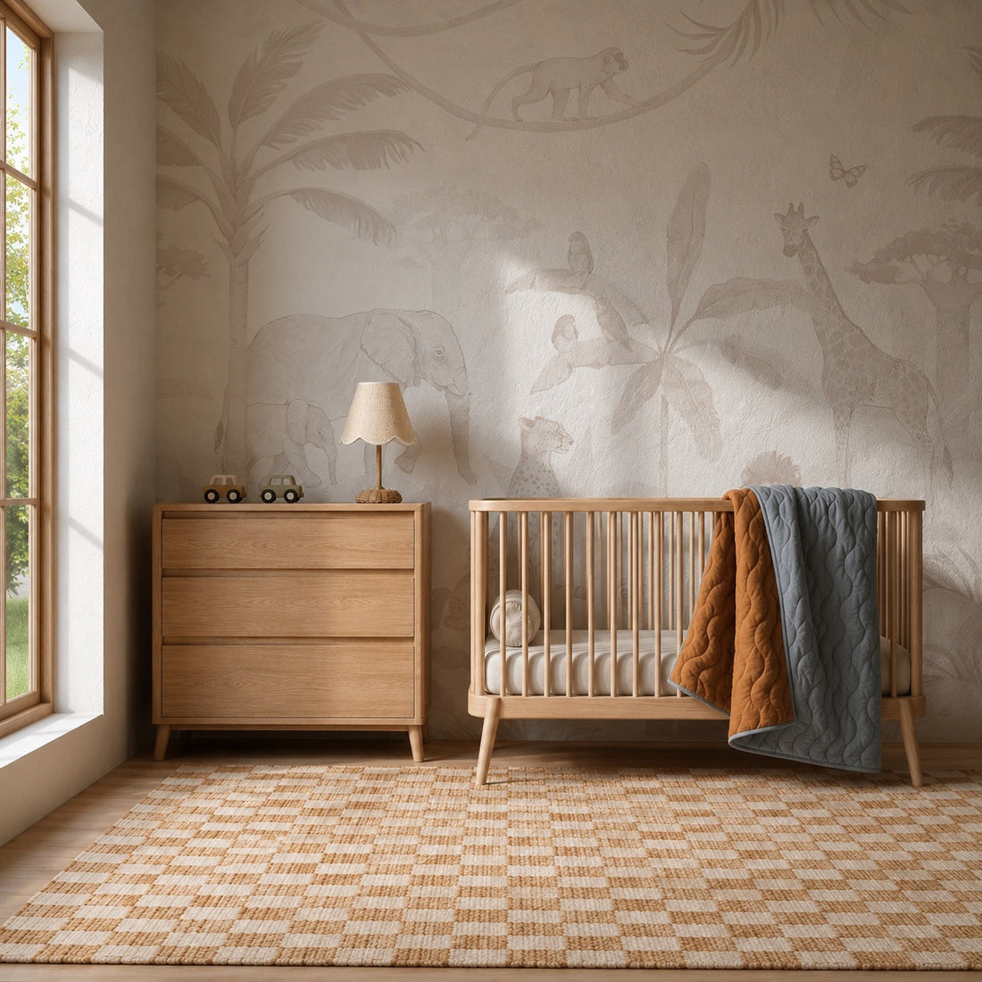 A cozy nursery featuring a wooden crib, a dresser topped with a lamp and toy cars, animal-themed wall art, and an inviting woven rug creates a warm environment. The room’s soft neutral palette is elevated by the African Safari Mural, Neutral used as a striking nursery mural, while blankets drape over the side of the crib and natural light filters in through the window.