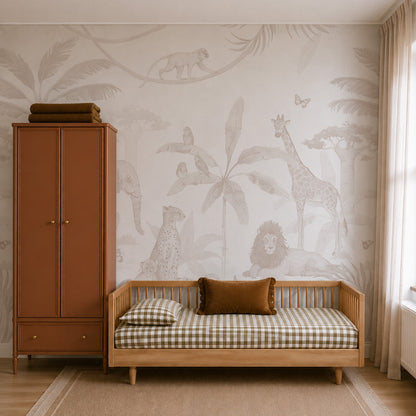 A cozy, neutral-toned kids’ room with a brown wardrobe, a wooden daybed dressed in plaid bedding and cushions, a beige rug, and an enchanting African Safari Mural, Neutral featuring safari animals like a giraffe, lion, and monkey.