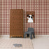A wooden chest of drawers, a small grey chair, and a framed print of a dog wearing heart-shaped sunglasses, set against Large Check Wallpaper, Red.