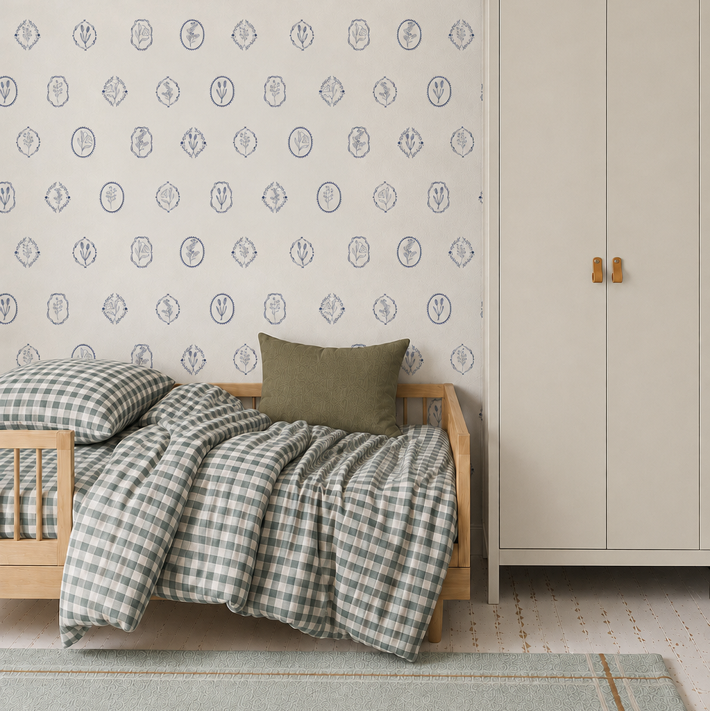 A cozy, minimal bedroom features a small wooden bed with green plaid bedding and a green pillow placed next to a white wardrobe, set against a wall decorated with Botanic Emblem Wallpaper.