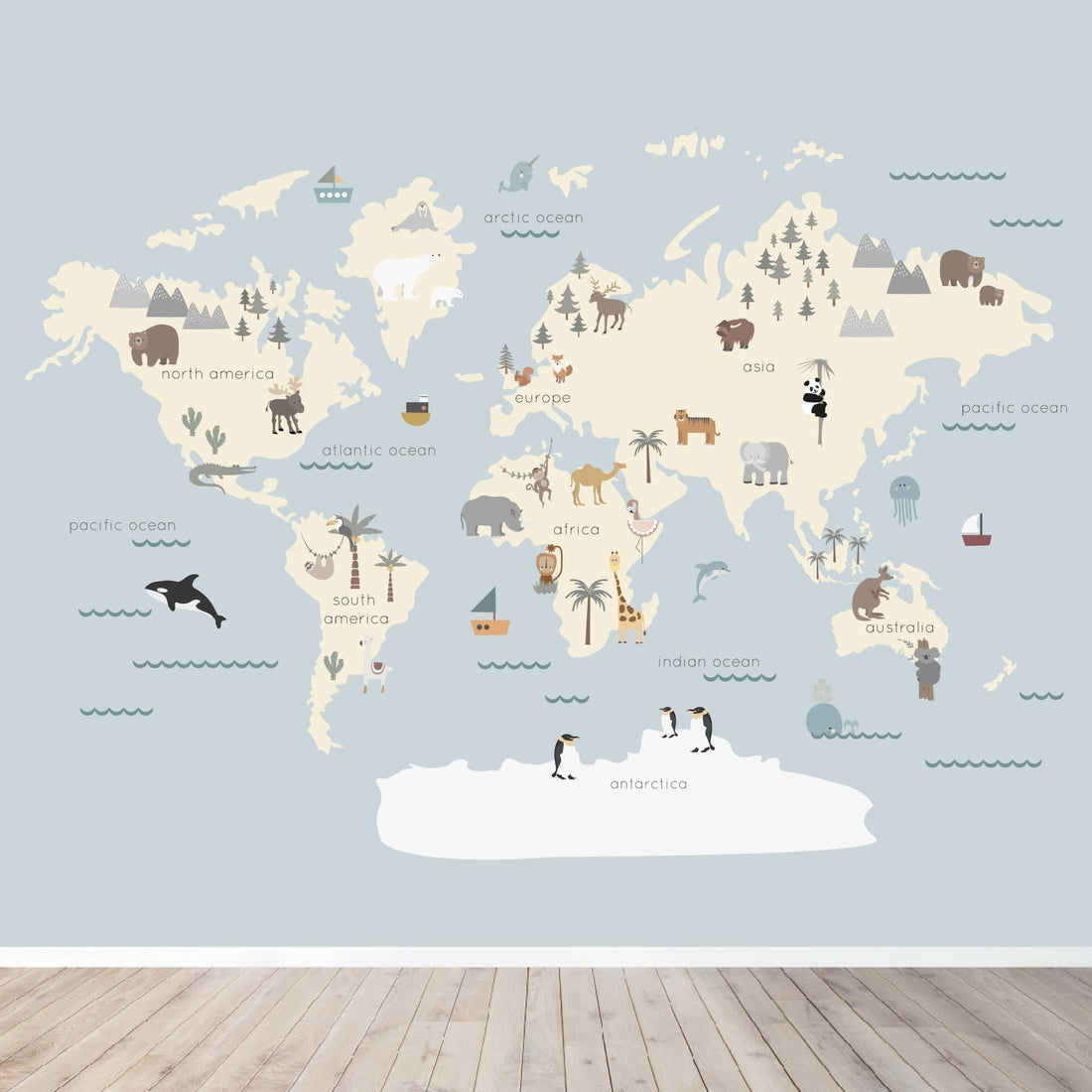 Character World Map Wallpaper Mural | Blue - Munks and Me Wallpaper