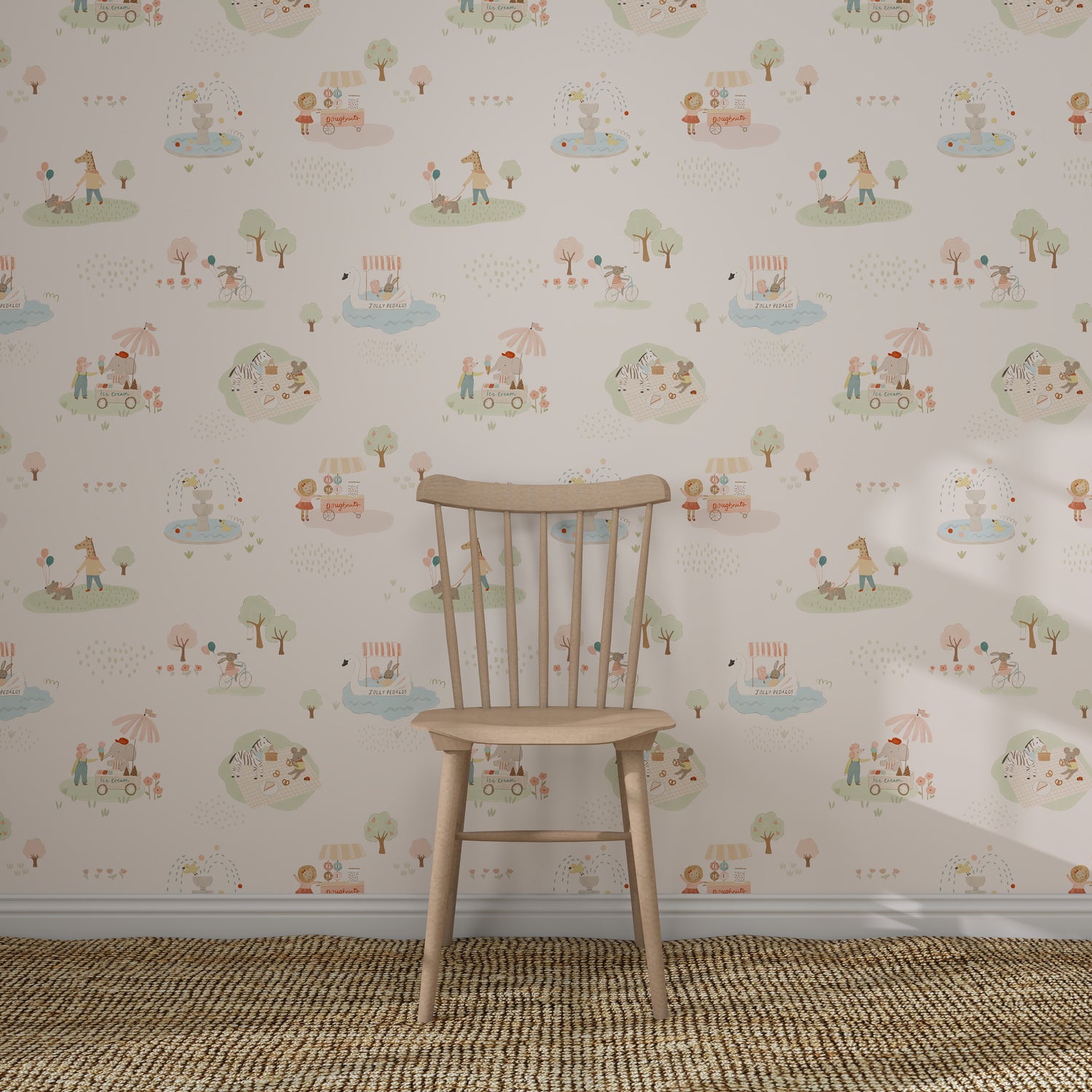 A wooden chair rests on a woven rug before a wall decorated with Little Friends Day Out Wallpaper, which features whimsical outdoor scenes with pastel-colored trees, animals, and people.