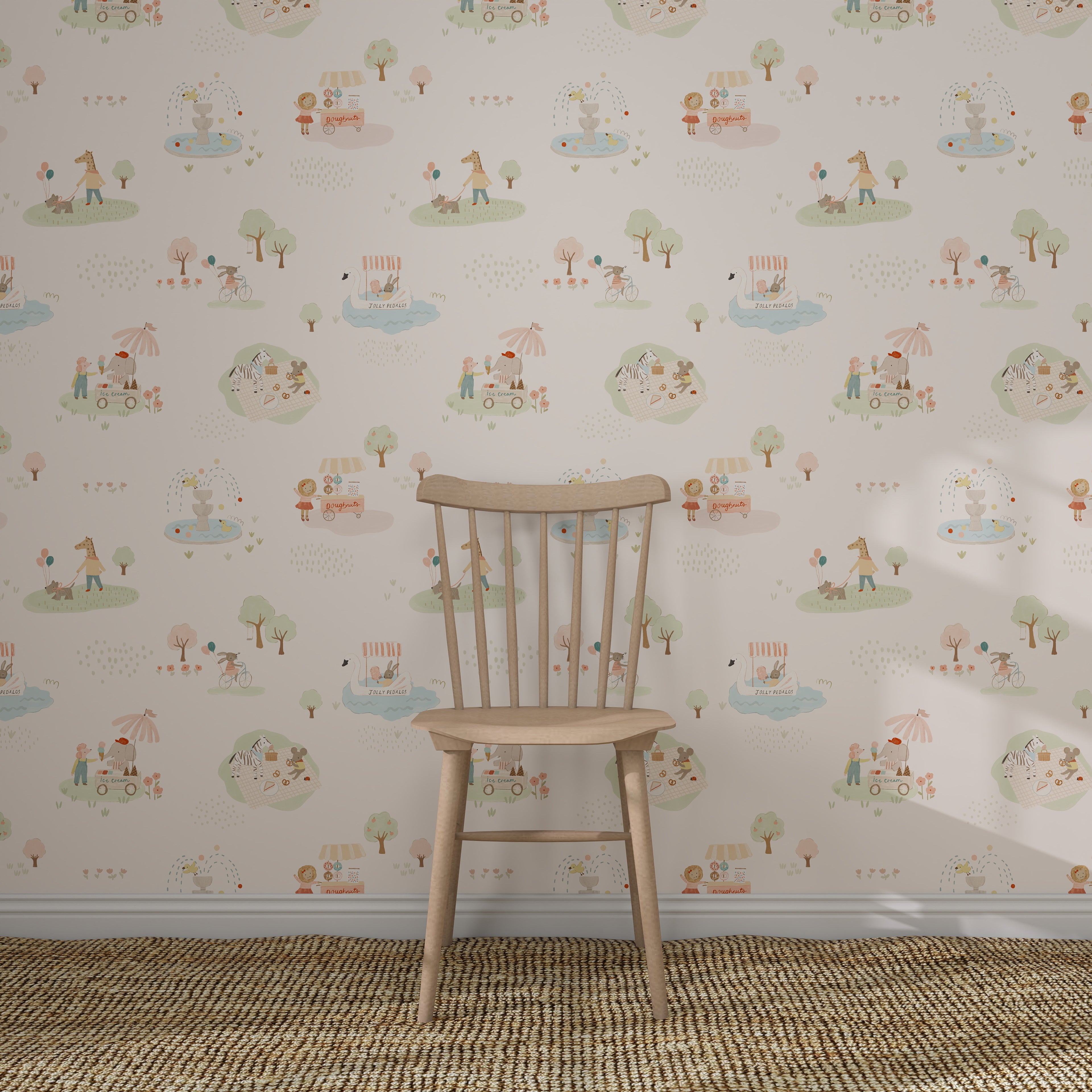 A wooden chair rests on a woven rug before a wall decorated with Little Friends Day Out Wallpaper, which features whimsical outdoor scenes with pastel-colored trees, animals, and people.