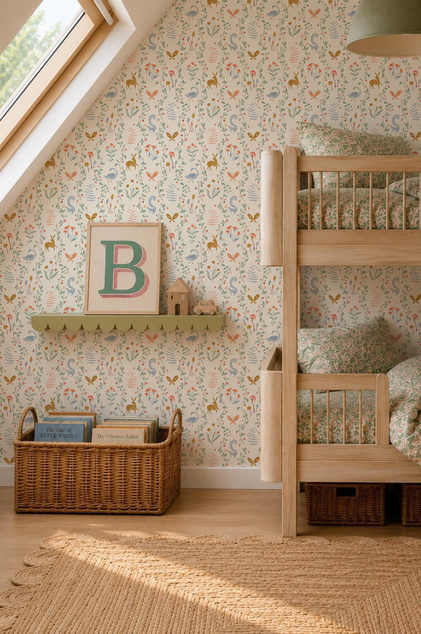 Children’s bedroom with wooden bunk beds, a green shelf displaying a framed “B,” small wooden house, wicker basket with books, woven rug on light wood floor, and whimsical Coles Berry Patch Wallpaper.
