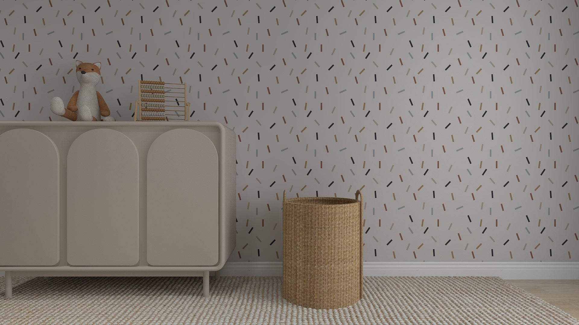 A modern nursery with a light dresser, plush fox toy, abacus, woven basket, and Confetti Wallpaper Repeat Pattern in neutral-colored scattered dashes. A textured rug covers the floor.