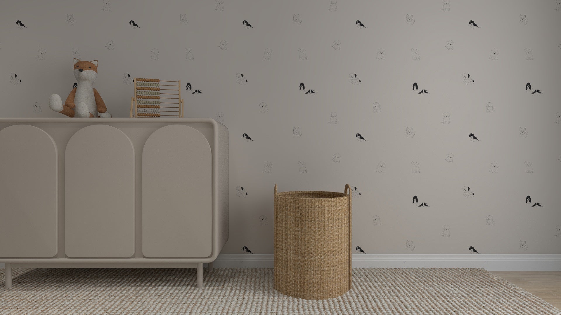 A minimal nursery features a beige dresser, plush fox toy, abacus, woven basket, and the Puppy Dog Wallpaper Repeat Pattern. A cozy neutral rug completes this charming space—ideal for little animal and dog lovers.