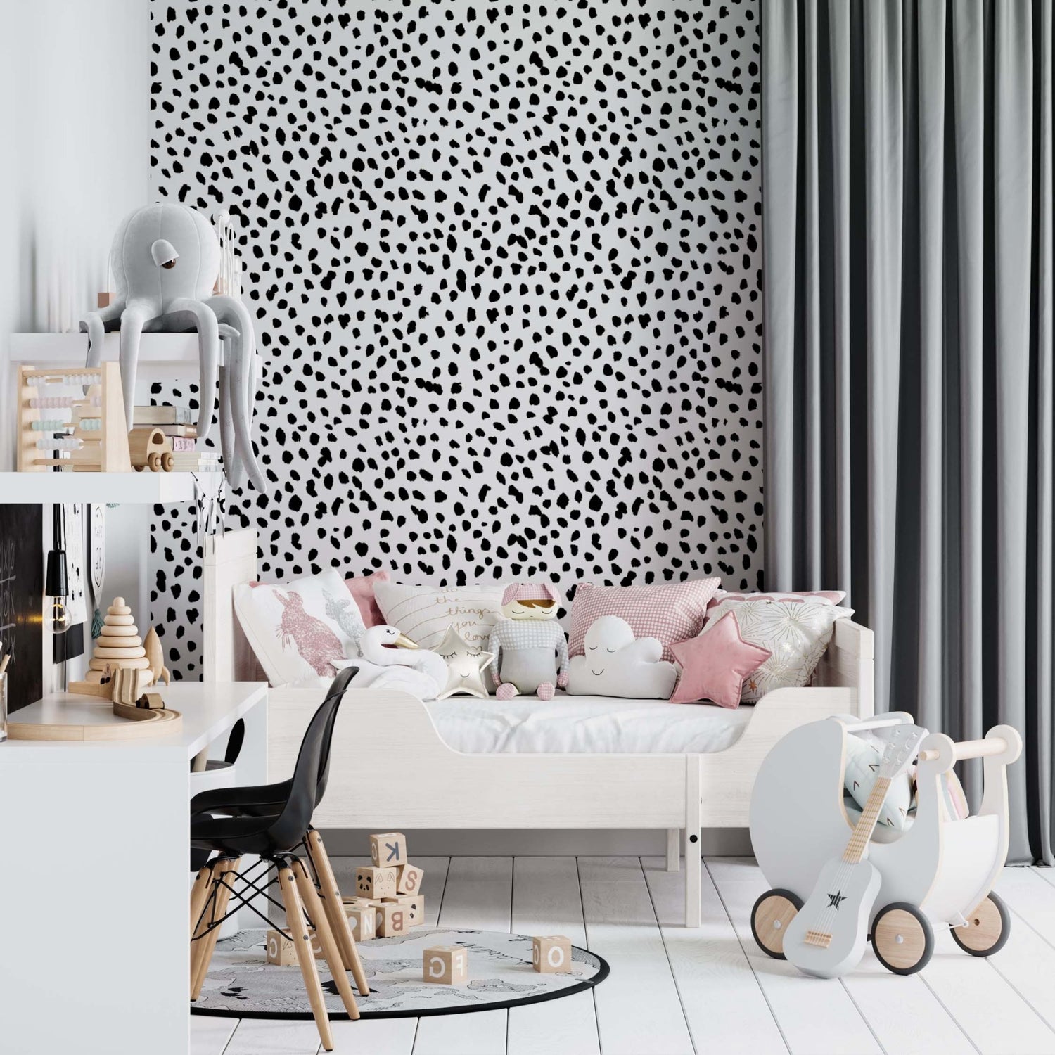 DALMATIAN SPOTTY BLACK AND WHITE WALLPAPER | Sample - Munks and Me Wallpaper